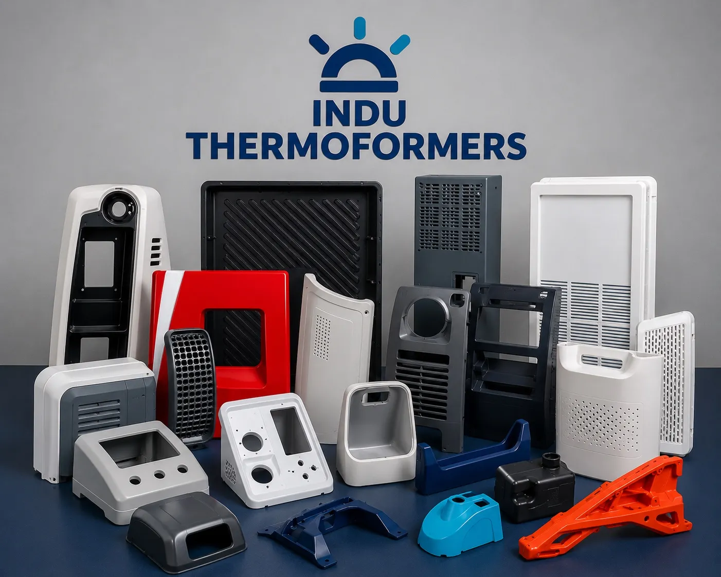 A family of thermoformed plastic enclosures and housings by Indu Thermoformers — appliance, medical and equipment covers in black, blue, yellow, grey, green and cream