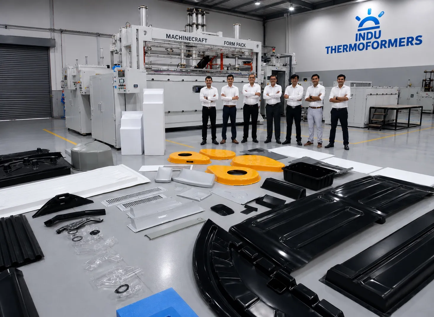 Indu Thermoformers team at the Machinecraft Form Pack thermoforming line with formed automotive, appliance and industrial parts